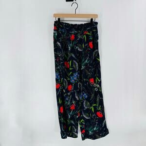 aerie Black Floral Straight Leg Pants with Red & Blue Blooms